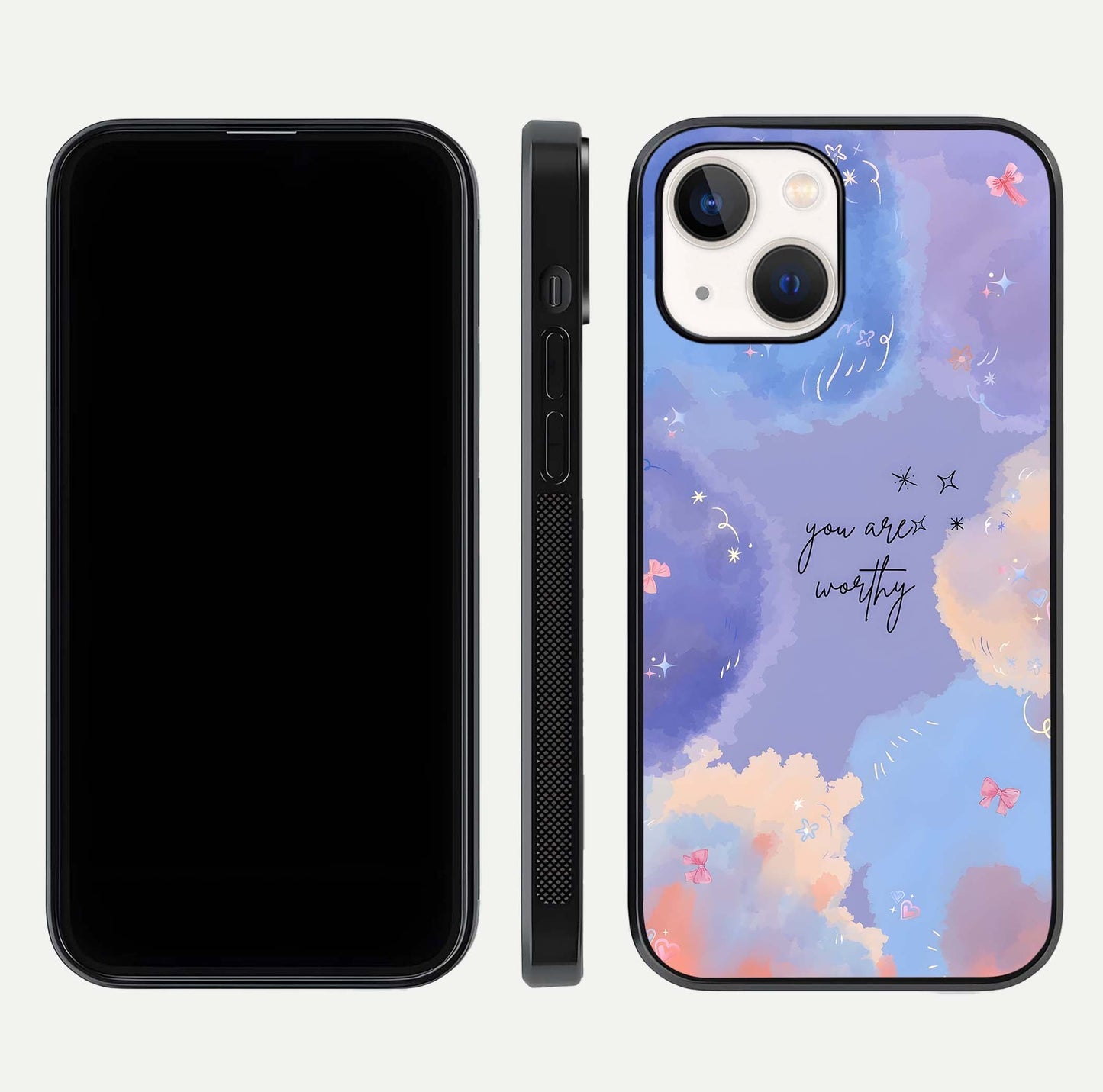 Celestial Cloud Magic Glass Case for iPhone 14 dual-view layout showcasing soft color transition and gloss shine