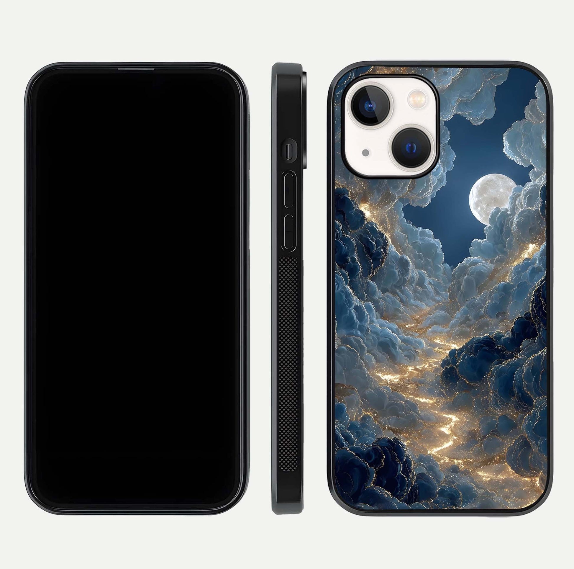 Celestial Cloud Road Glass Case for iPhone 14 front-and-back layout displaying balance between light and depth