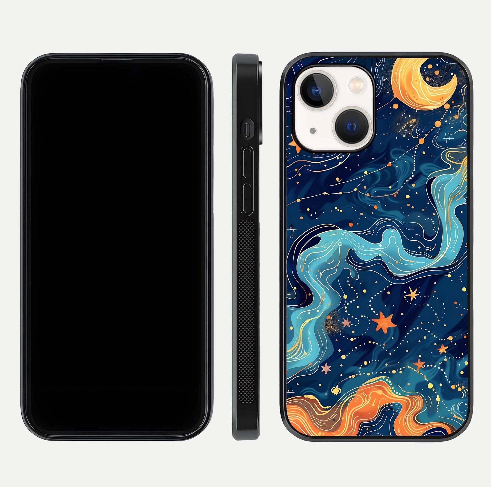 Celestial Dream Flow Glass Case for iPhone 14 dual-view layout showing abstract flow and curved glass