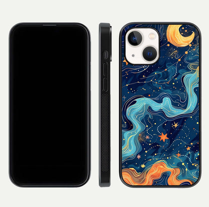 Celestial Dream Flow Glass Case for iPhone 14 dual-view layout showing abstract flow and curved glass