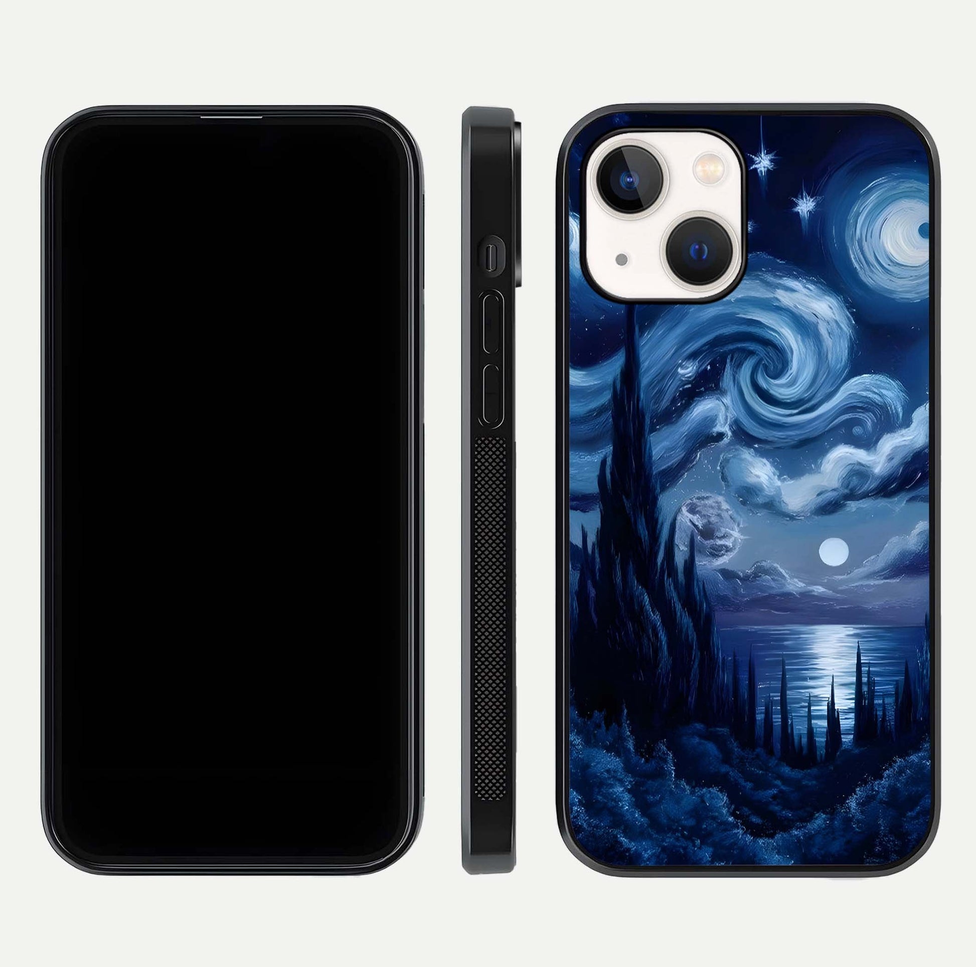 Celestial Dream Van Gogh Glass Case for iPhone 14 dual-view layout displaying art texture and glass polish
