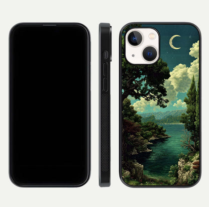 Celestial Lake Peace Glass Case for iPhone 14 dual-view layout showing soft hues and HD shine