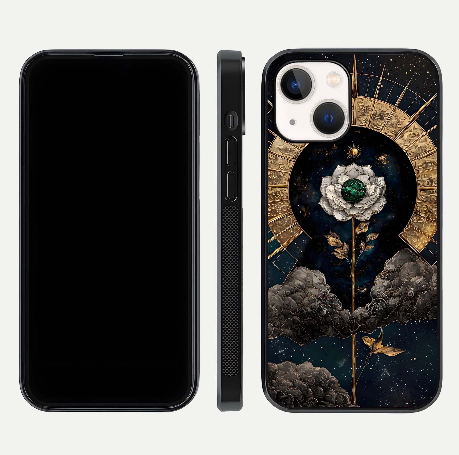Celestial Lotus Morang Glass Case for iPhone 14 dual-view layout displaying floral symmetry and polished edges