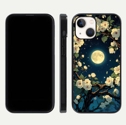 Celestial Moon & Flower Glass Case for iPhone 14 dual-view layout showing balanced lunar art and gloss tone