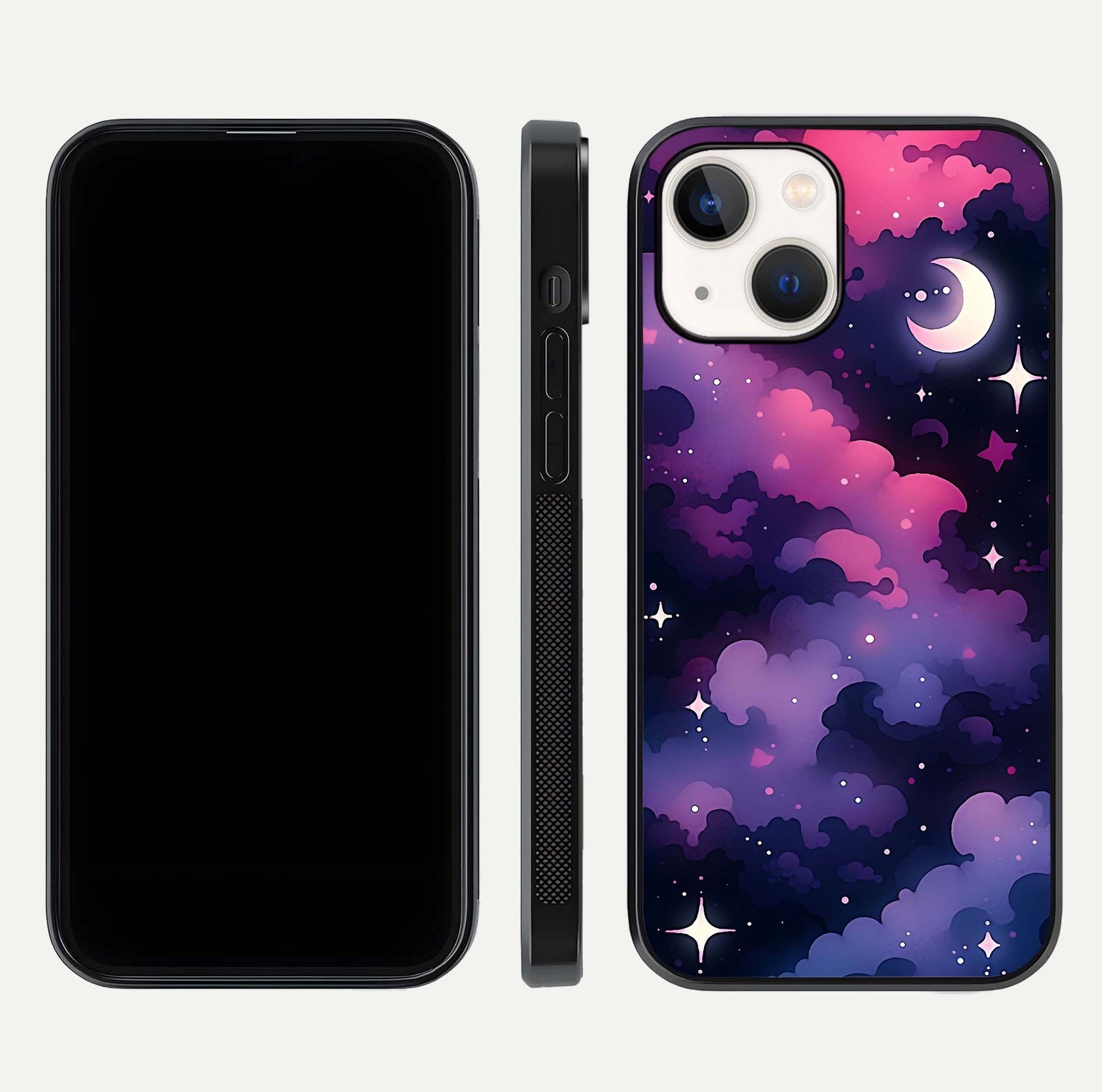 Celestial Moon Magic Glass Case for iPhone 14 dual-view layout displaying lunar design and sleek edges