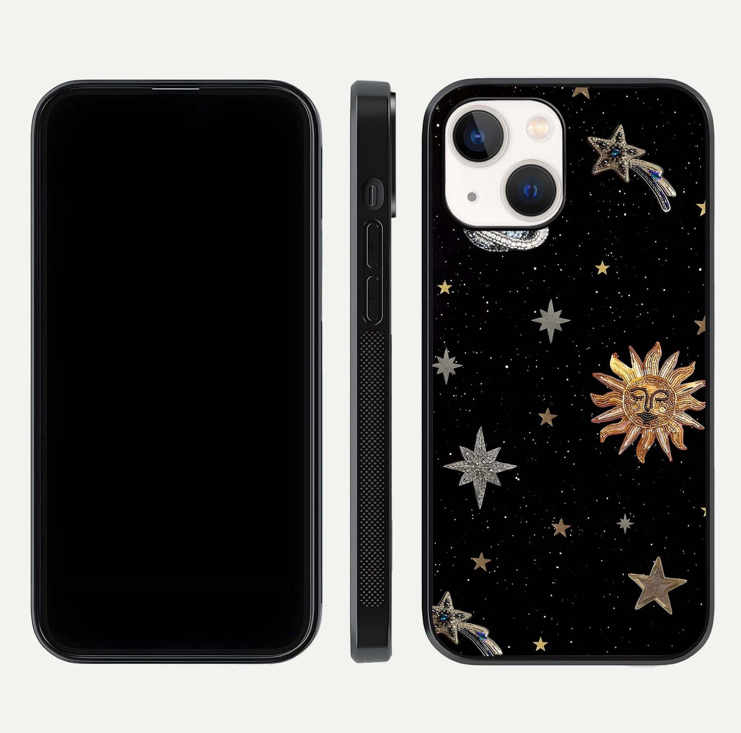 Celestial Moon With Stars Glass Case for iPhone 14 front-and-back layout displaying lunar art and premium finish