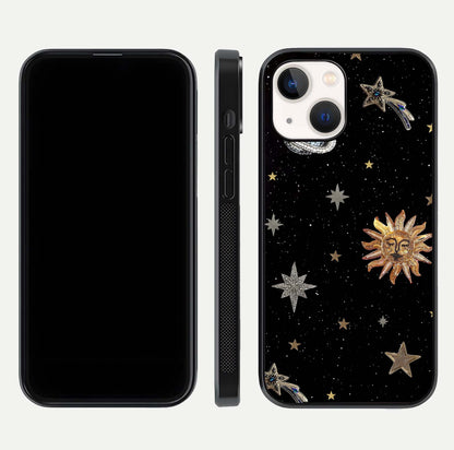 Celestial Moon With Stars Glass Case for iPhone 14 front-and-back layout displaying lunar art and premium finish