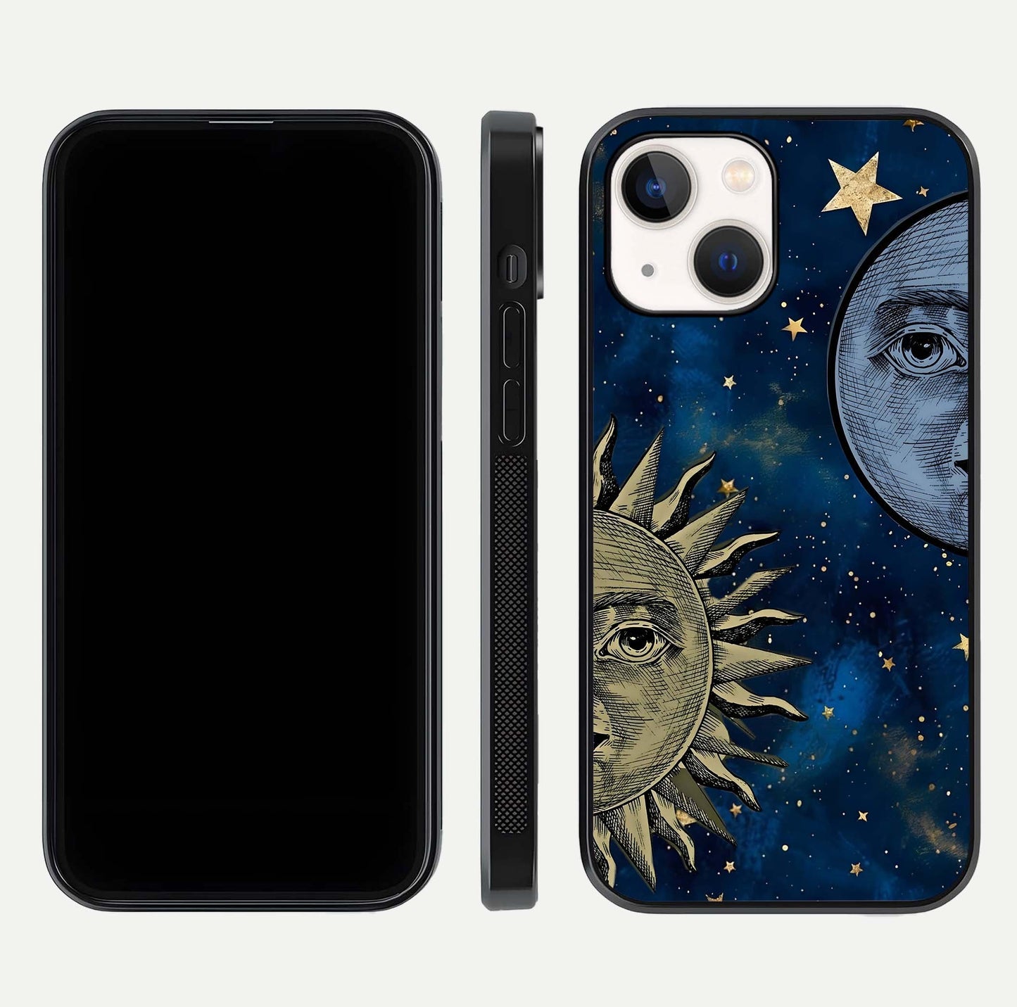 Celestial Moon With Sun Glass Case for iPhone 14 dual-view layout showing luminous pattern and curved edges