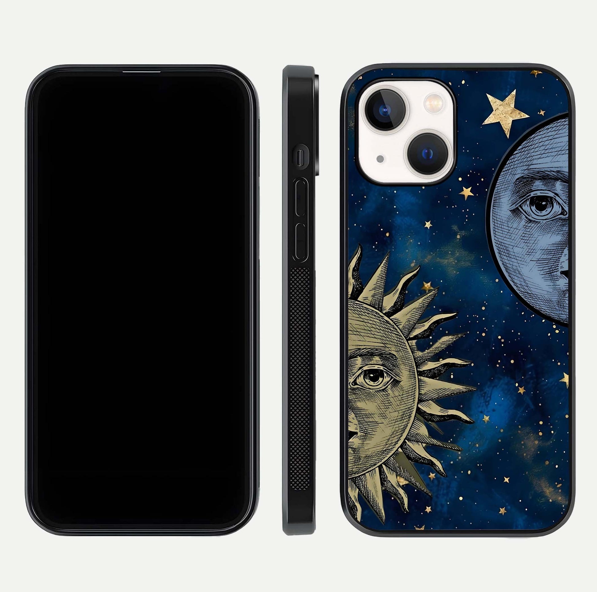 Celestial Moon With Sun Glass Case for iPhone 14 dual-view layout showing luminous pattern and curved edges