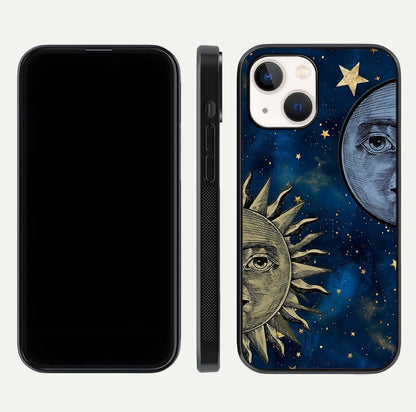 Celestial Moon With Sun Glass Case for iPhone 14 dual-view layout showing luminous pattern and curved edges