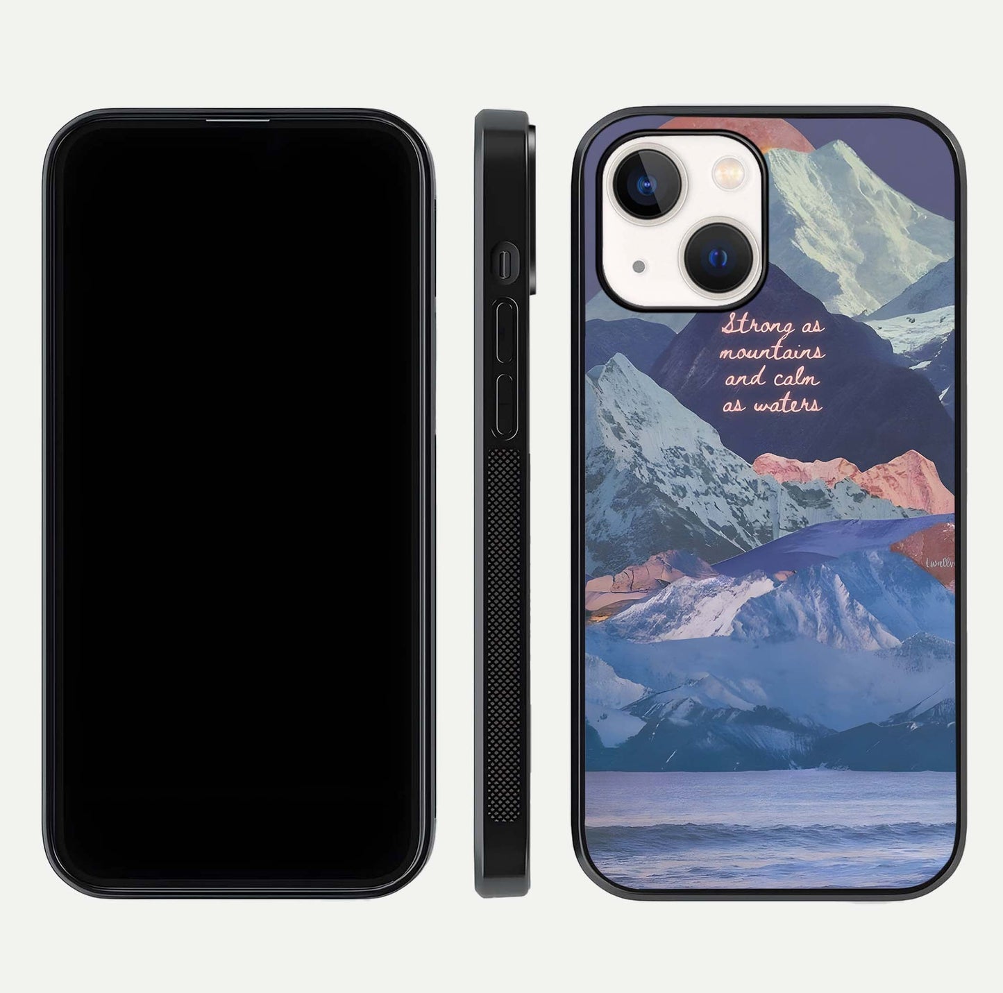 Celestial Mountain Calm Glass Case for iPhone 14 dual-view layout displaying scenic tones and curved finish