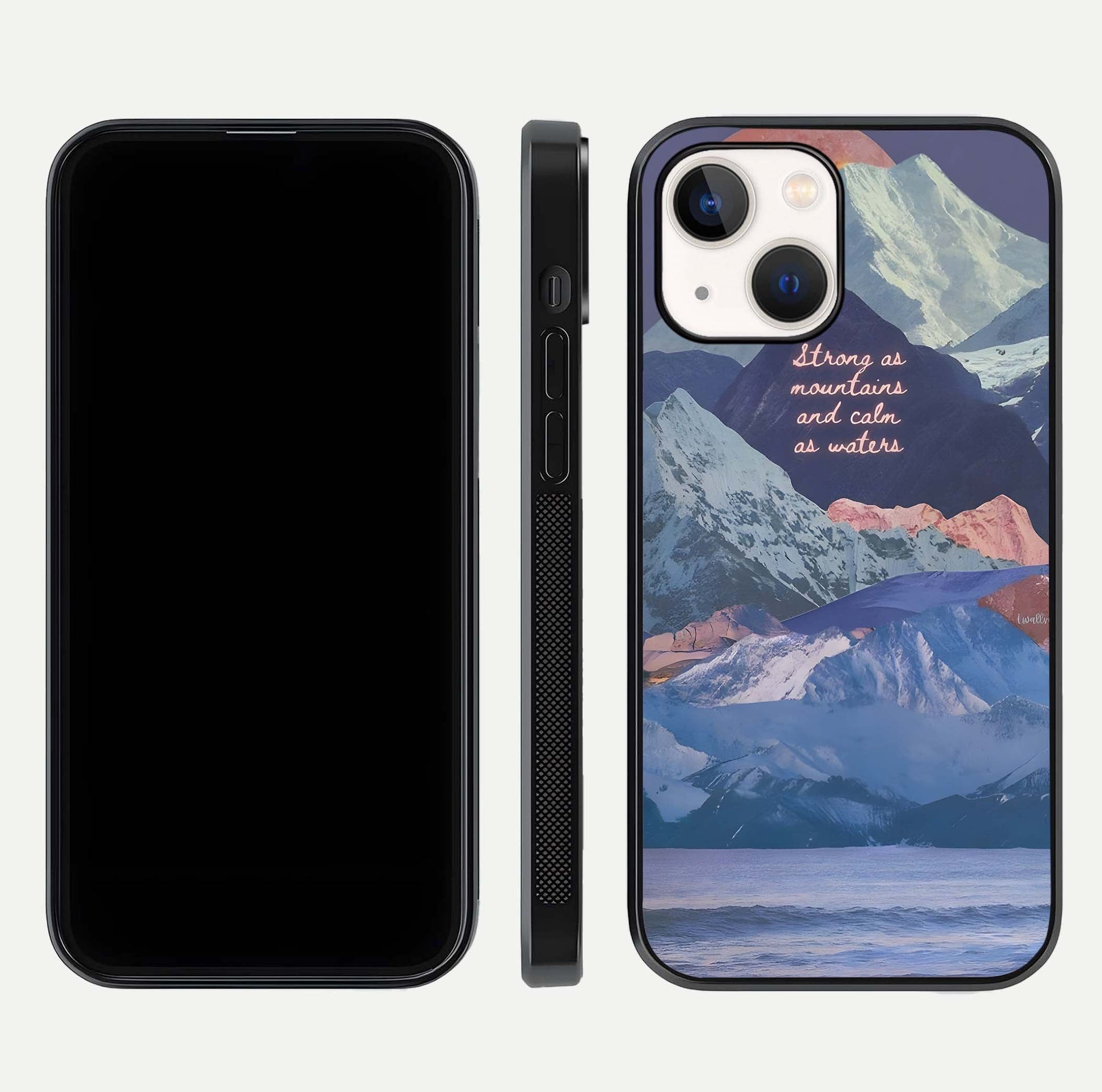 Celestial Mountain Calm Glass Case for iPhone 14 dual-view layout displaying scenic tones and curved finish
