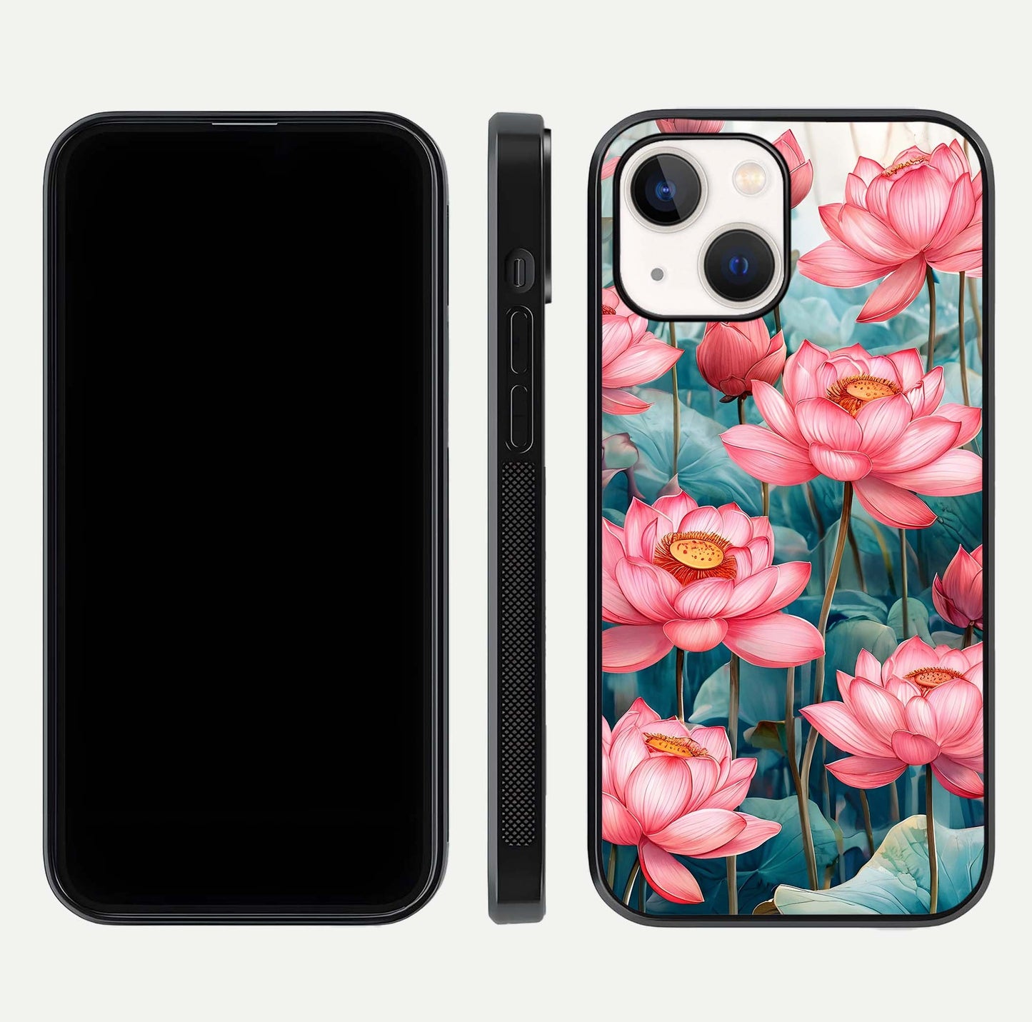 Celestial Pink Lotus Glass Case for iPhone 14 dual-view layout showing floral center and smooth edges