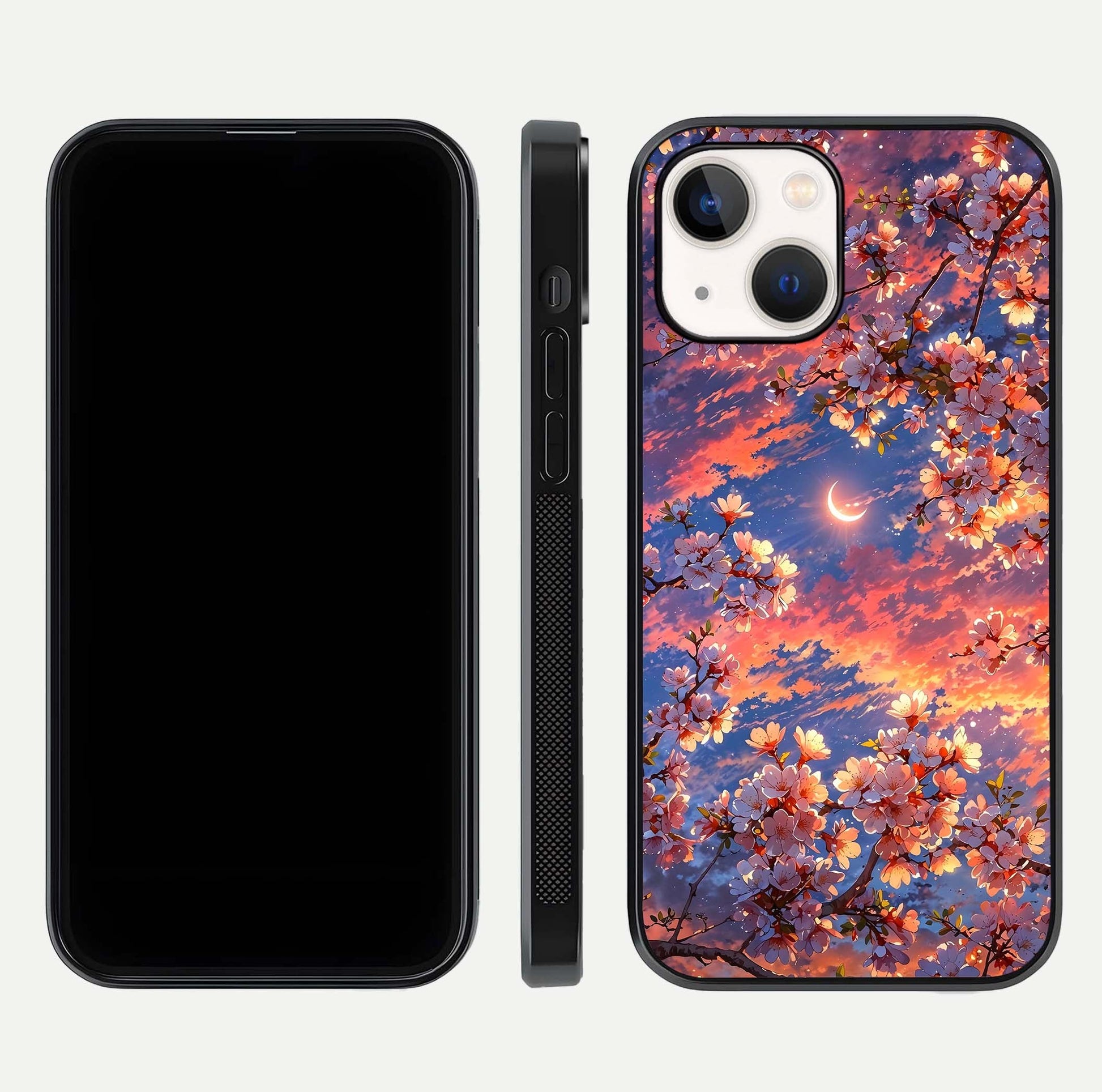 Celestial Sakura Sunset Glass Case for iPhone 14 dual-view layout showing floral gradient and reflection polish