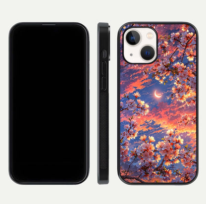 Celestial Sakura Sunset Glass Case for iPhone 14 dual-view layout showing floral gradient and reflection polish