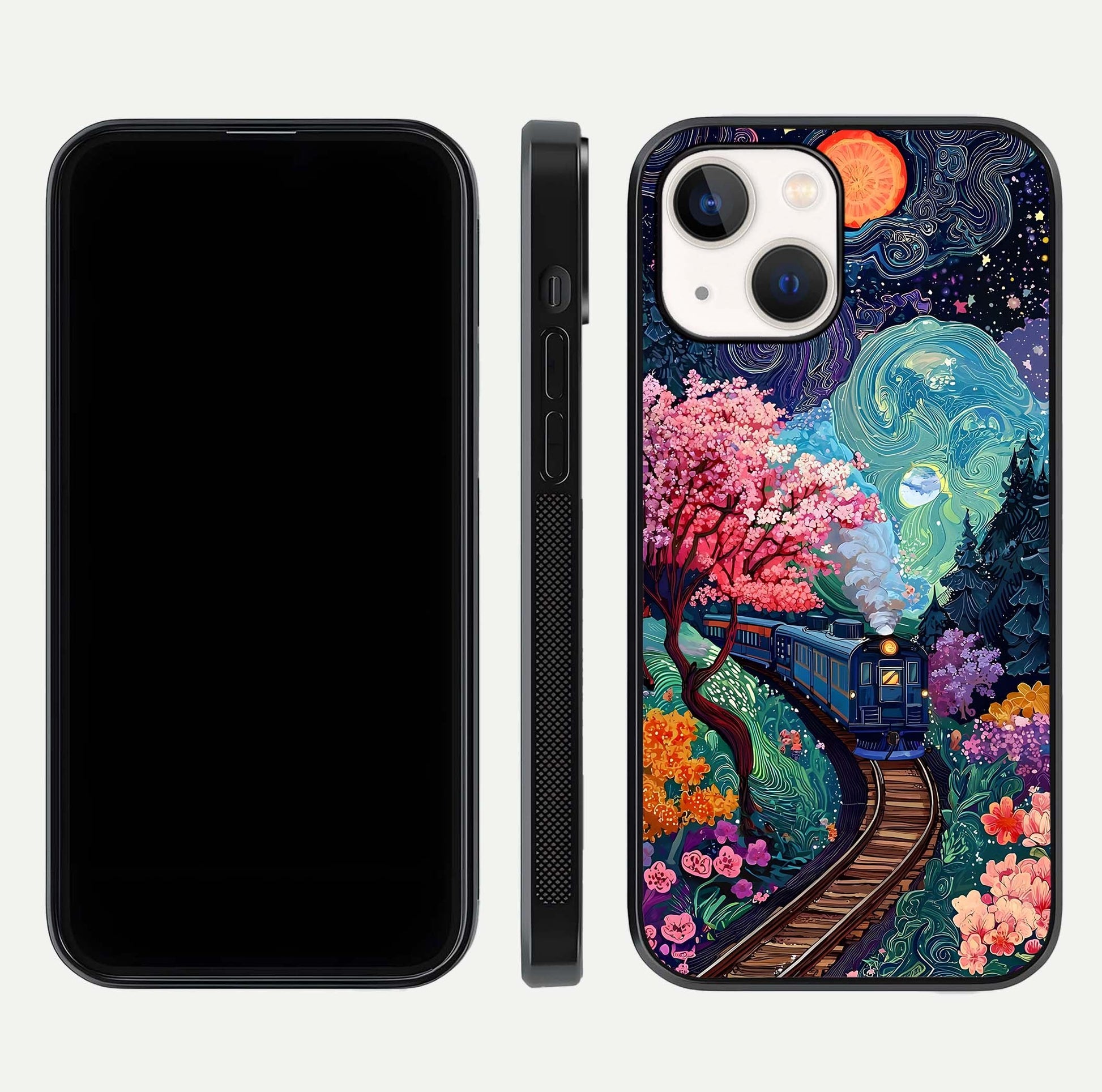 Celestial Train Journey Glass Case for iPhone 14 dual-view layout showing cosmic art balance and curved glass edges