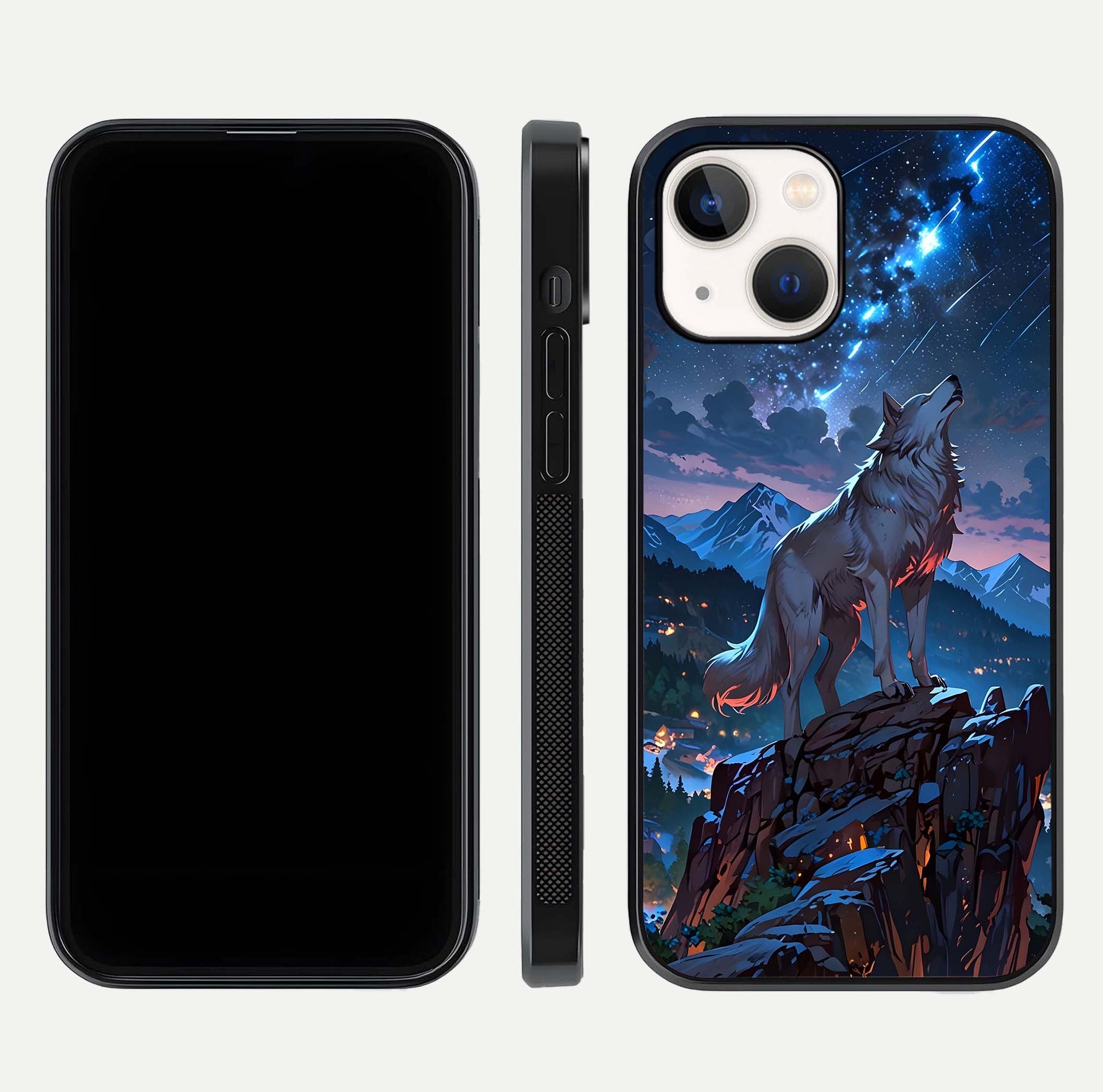 Celestial Wolf Howl Glass Case for iPhone 14 dual-view layout displaying night tones and protective glass edges