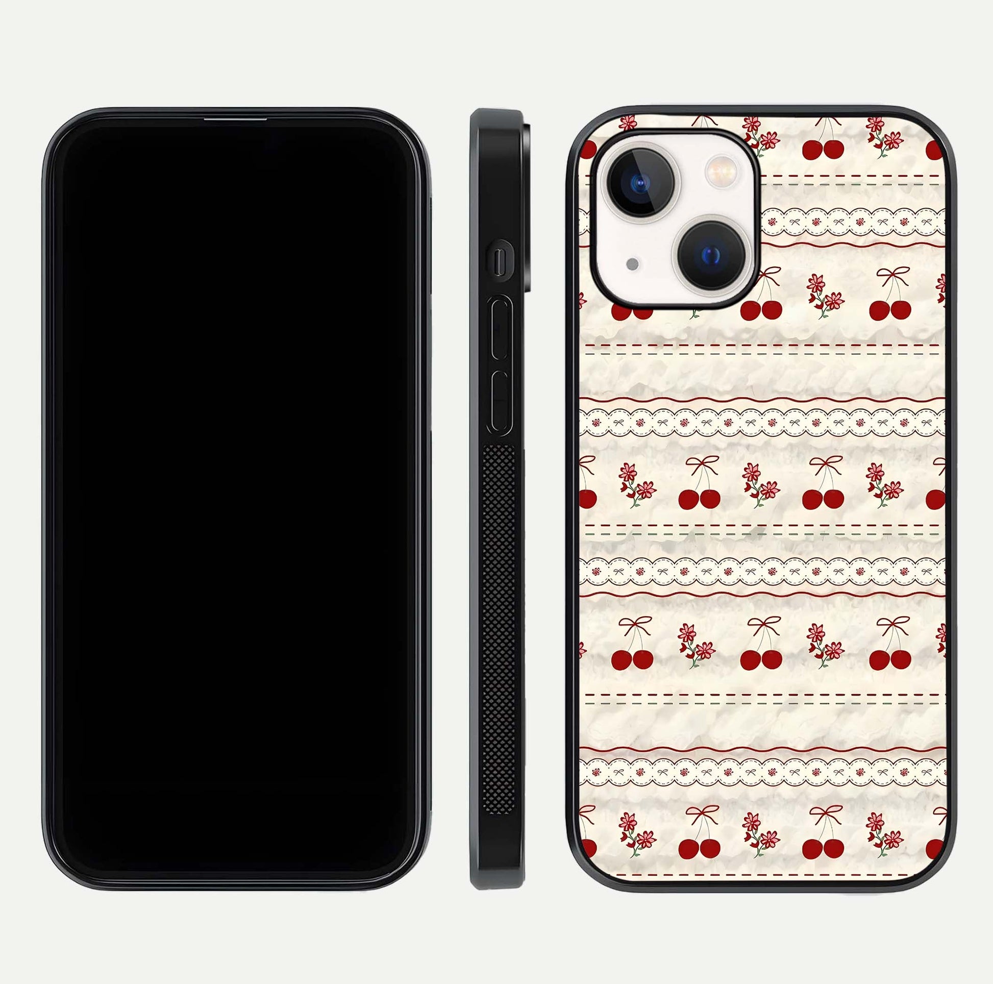 Cherry Bloom Charm Glass Case for iPhone 14 front-and-back layout displaying floral art and smooth finish