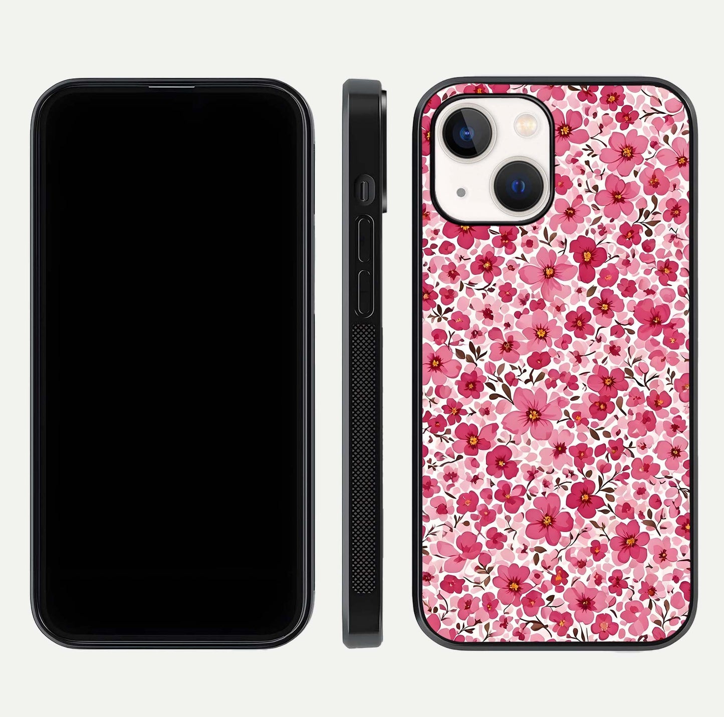 Cherry Blossom Charm Glass Case for iPhone 14 dual-view layout showing elegant floral balance and HD gloss
