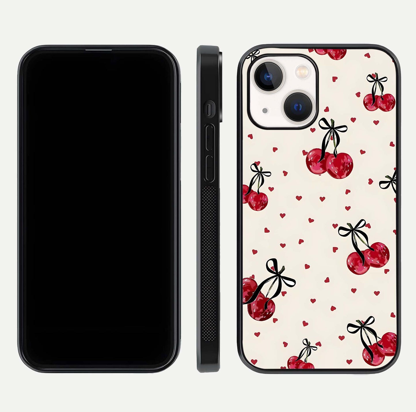 Cherry Heart Bow Glass Case for iPhone 14 front-and-back view showing design clarity and edge protection