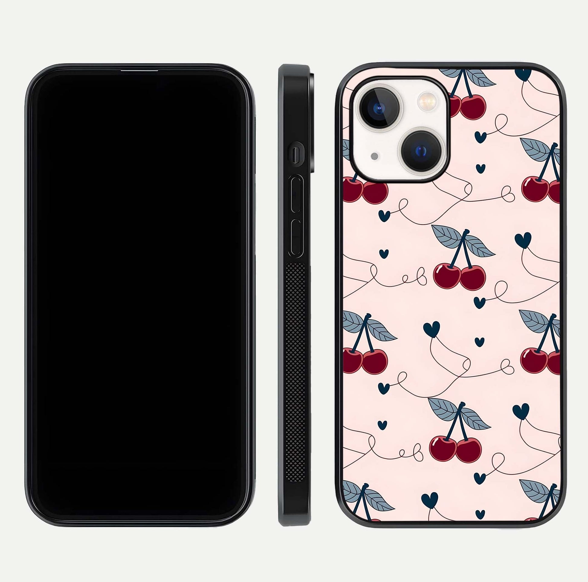 Cherry Heart Line Glass Case for iPhone 14 dual-view layout displaying minimal cherry motif and edge design