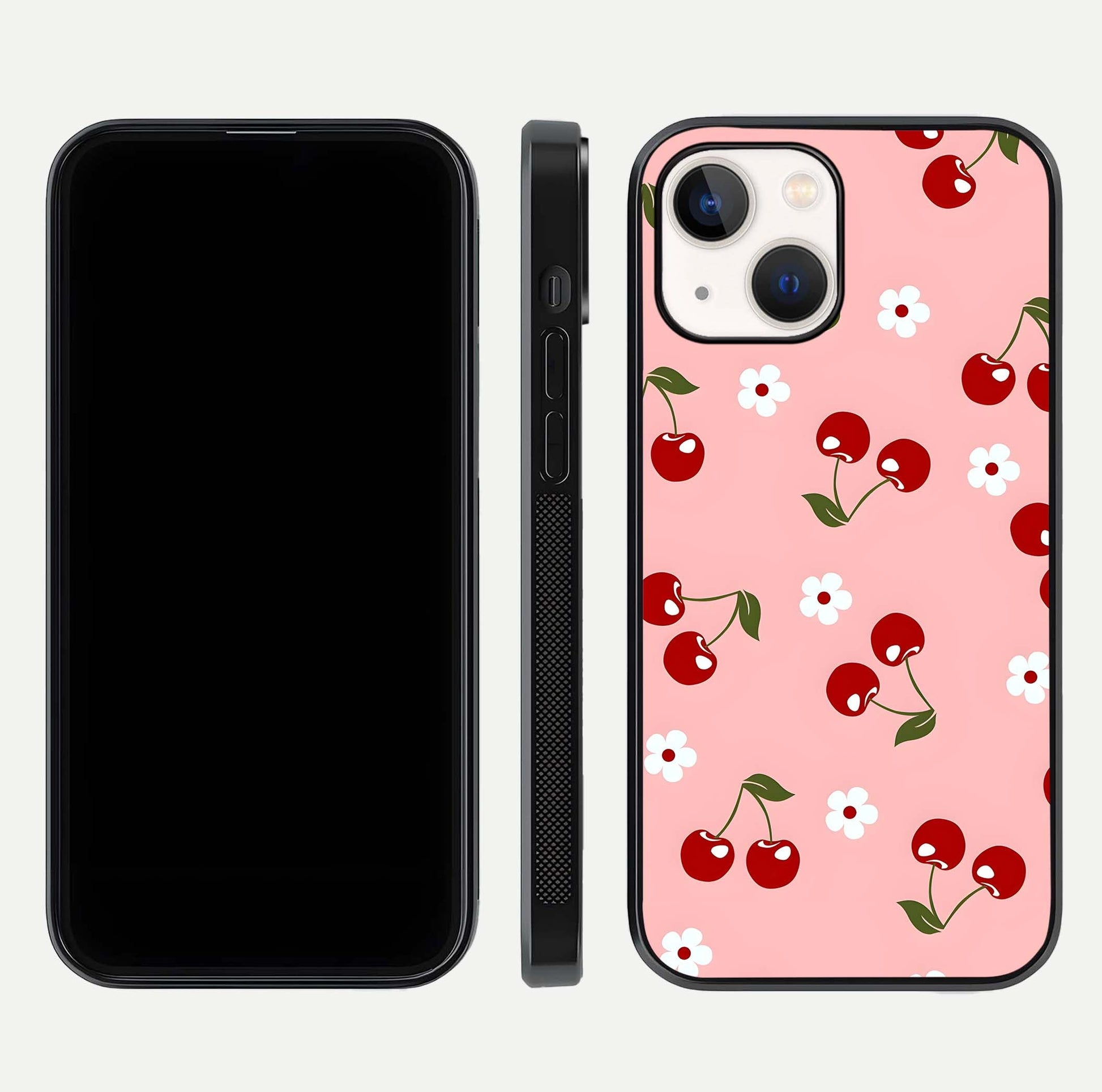Cherry Love Mood Glass Case for iPhone 14 dual-view layout showing design alignment and curved edges