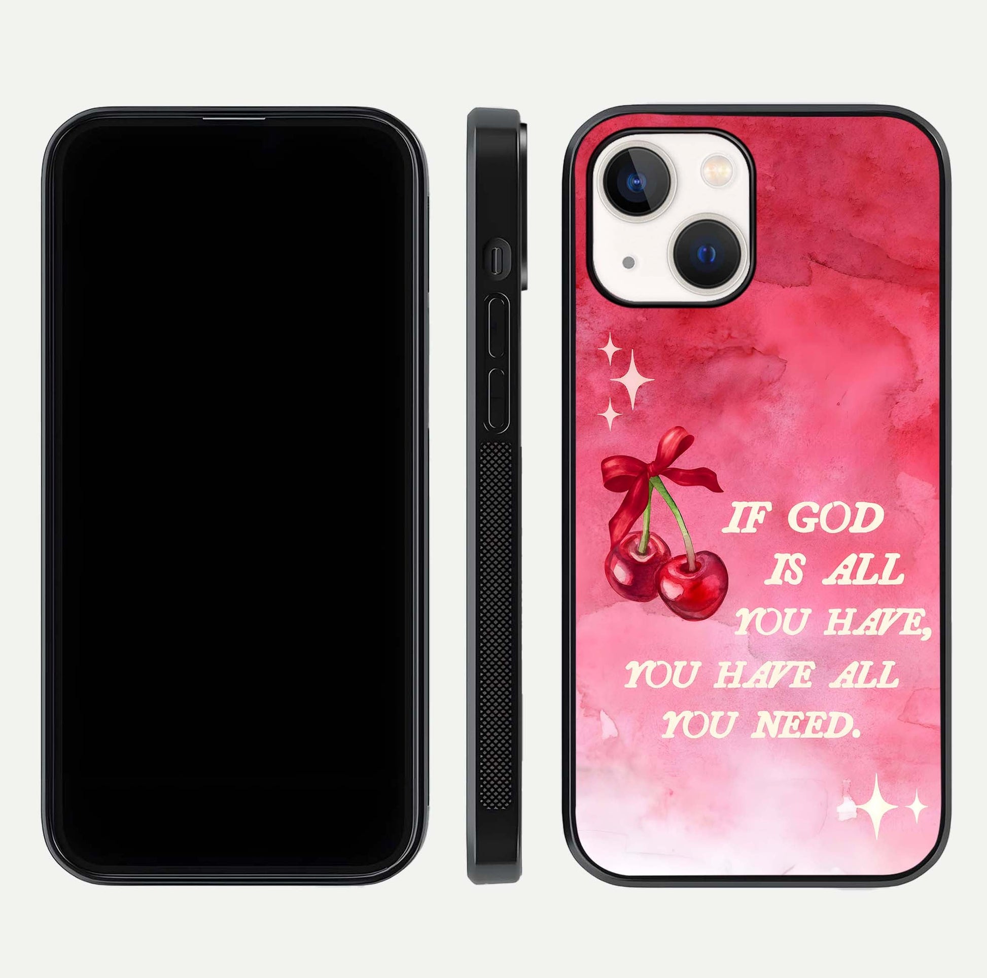 Cherry Quote Glass Case for iPhone 14 dual-view layout showing red cherry tones and text balance