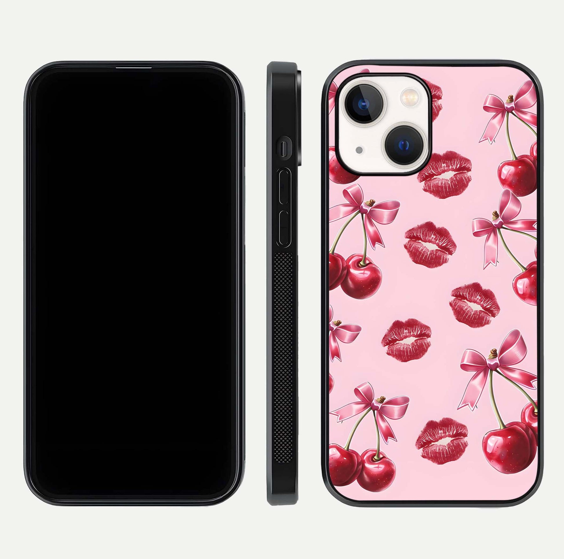 Cherry With Lips Glass Case for iPhone 14 front-and-back layout displaying detailed design and glass finish
