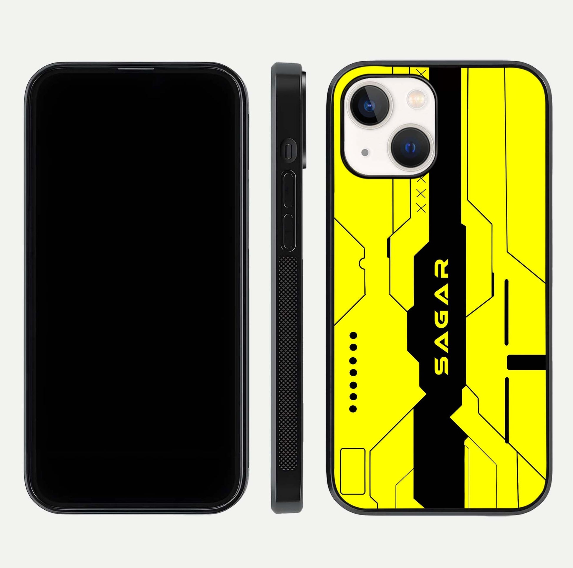 Circuit CYBERPUNK Custom Name Glass Case for iPhone 14 dual-view layout showing bold tech art and edge clarity