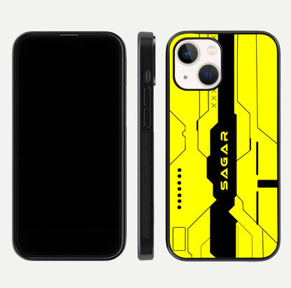 Circuit CYBERPUNK Custom Name Glass Case for iPhone 14 dual-view layout showing bold tech art and edge clarity