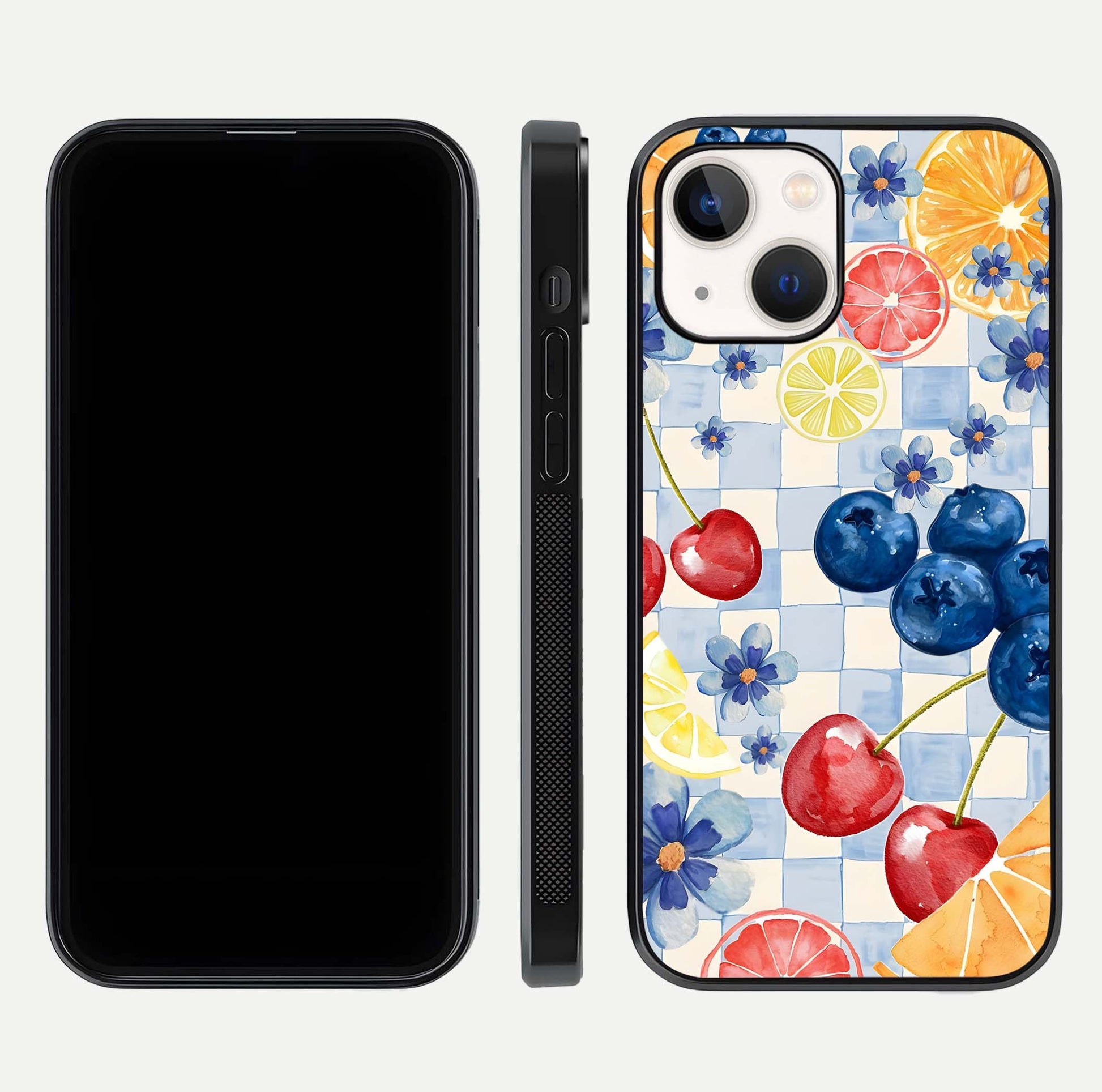 Citrus Bloom Joy Glass Case for iPhone 14 dual-view layout displaying colorful print and smooth edges