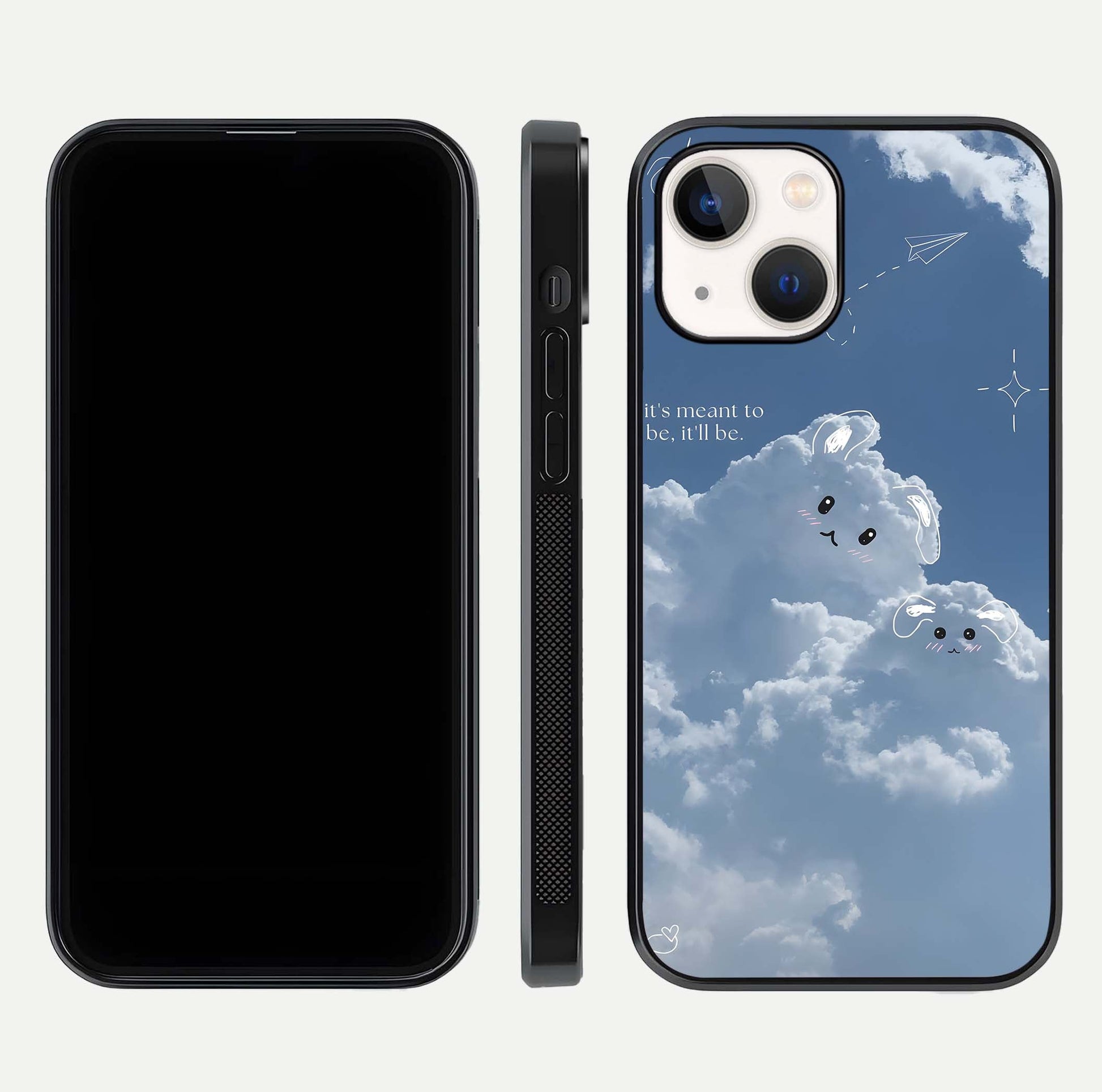 Cloud Bunny Dreams Glass Case for iPhone 14 dual-view layout displaying aesthetic tones and smooth polish