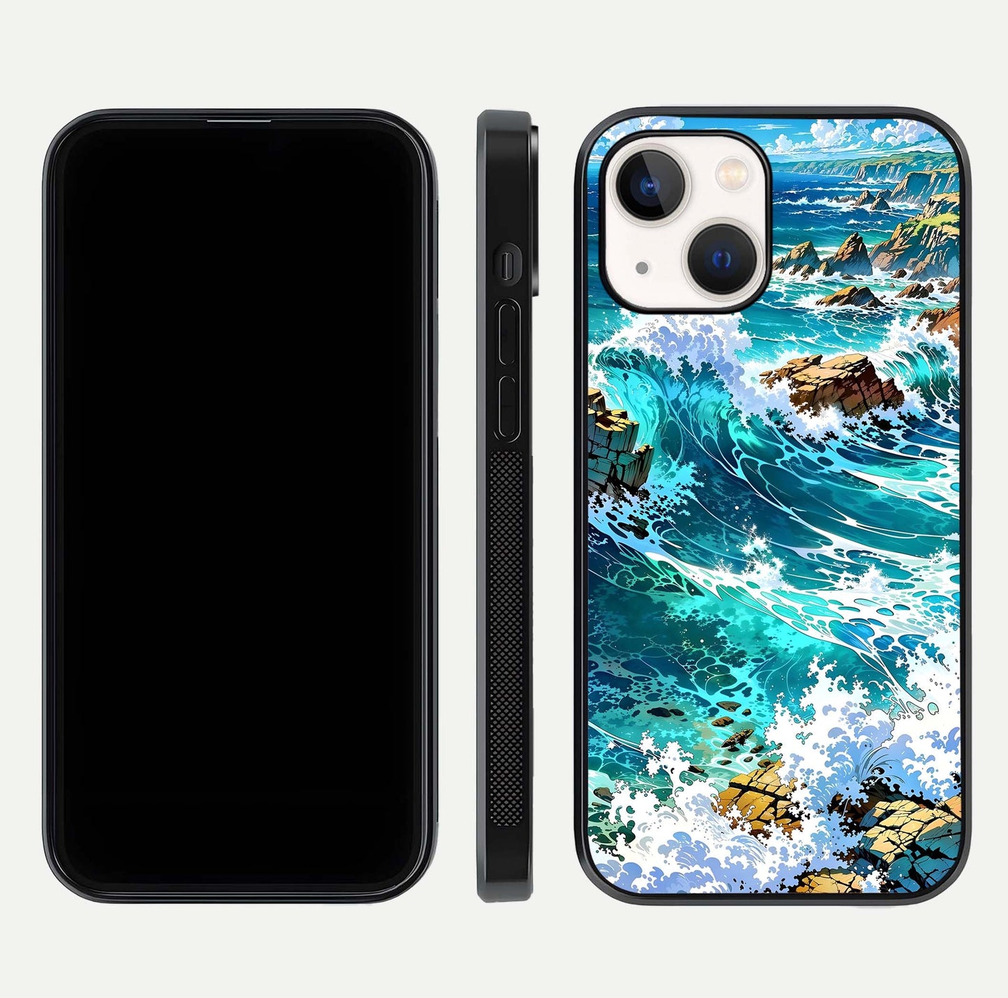Coastal Blue Waves Glass Case for iPhone 14 dual-view layout displaying sea tones and curved finish