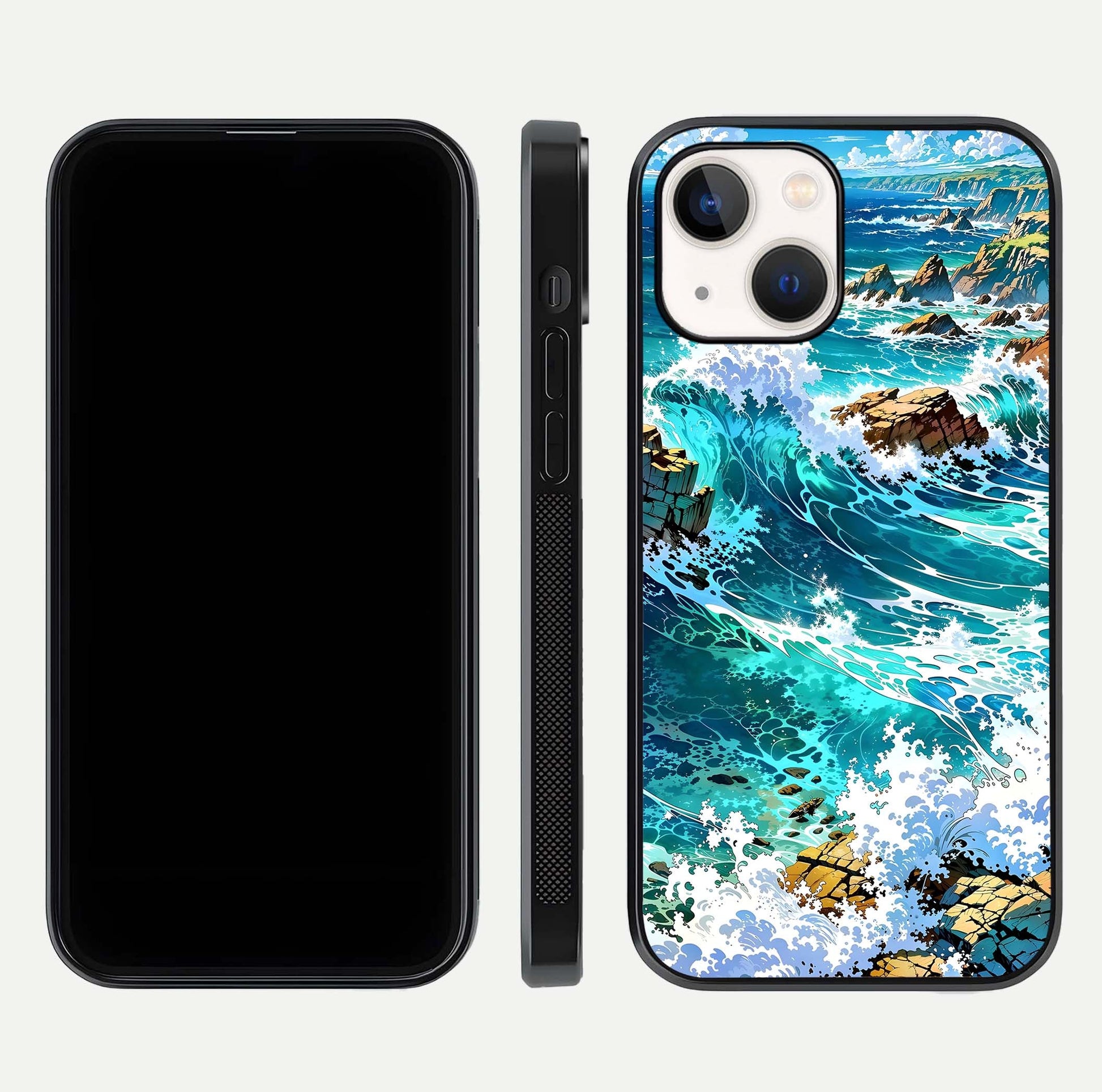 Coastal Blue Waves Glass Case for iPhone 14 dual-view layout displaying sea tones and curved finish