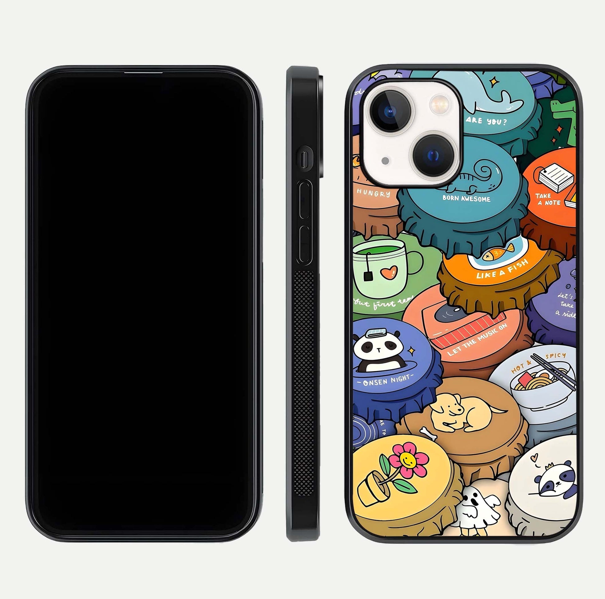Coins Patterns Glass Case for iPhone 14 dual-view layout displaying elegant art and glass clarity
