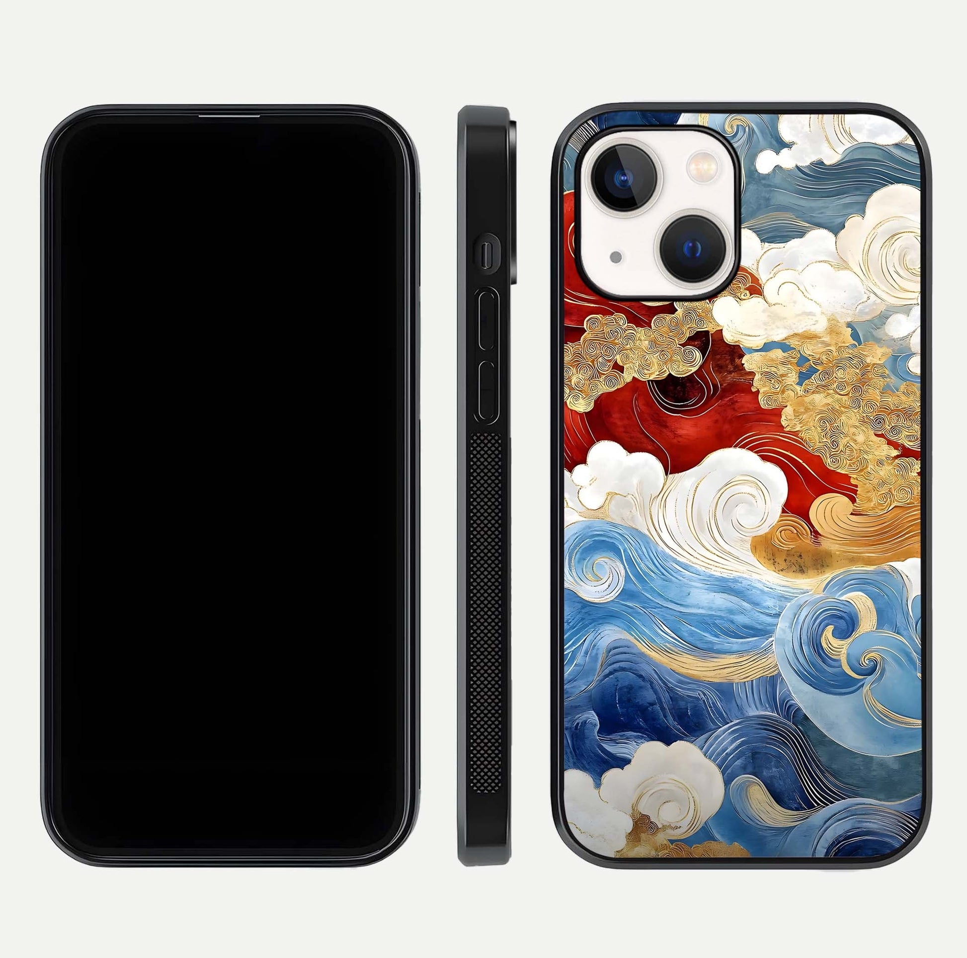 Colored Waves Glass Case for iPhone 14 front & back layout showing smooth edges and vivid print tones