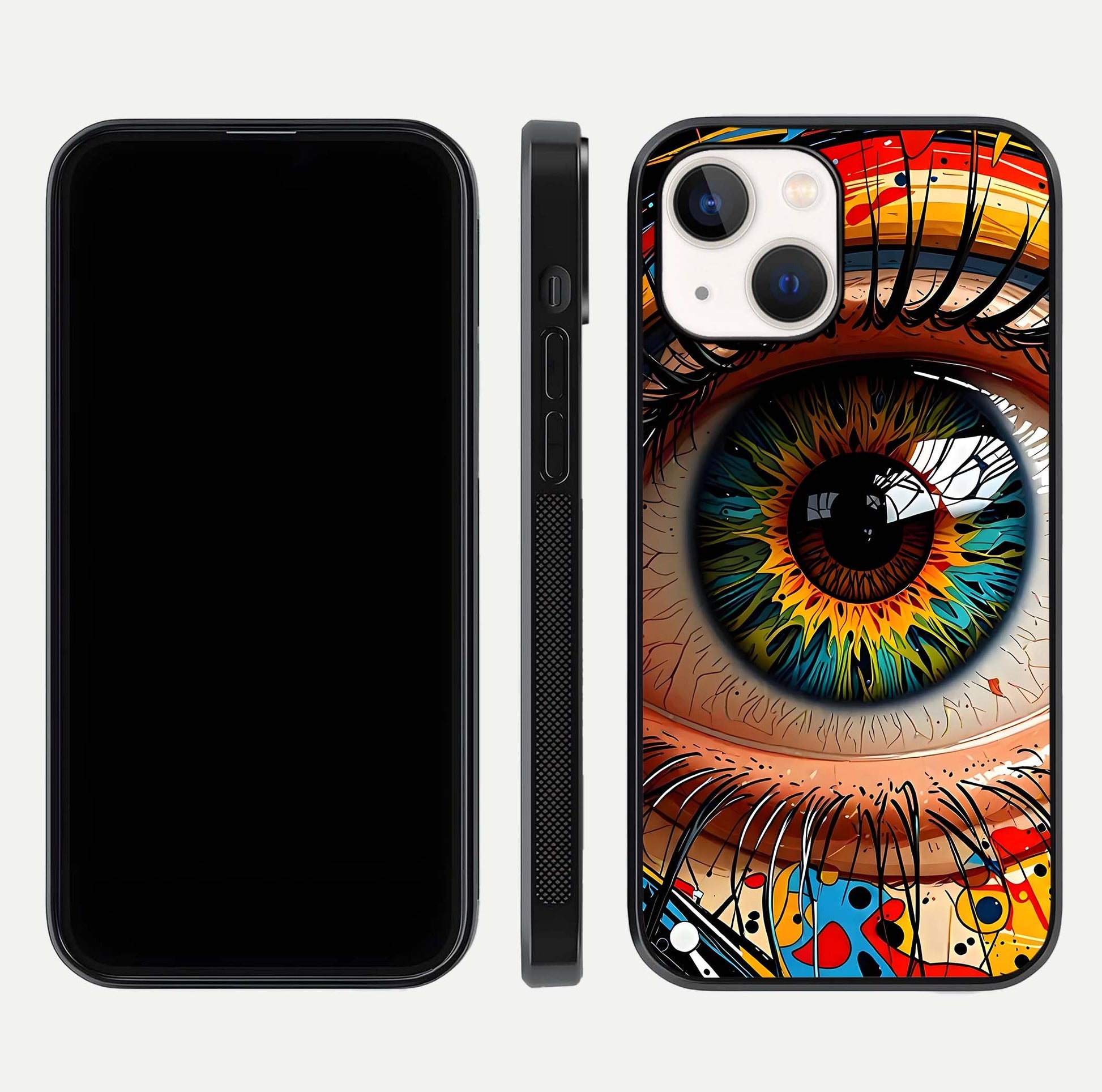 Colorful Eye Glass Case for iPhone 14 dual-view layout displaying vivid tones and smooth glass edges