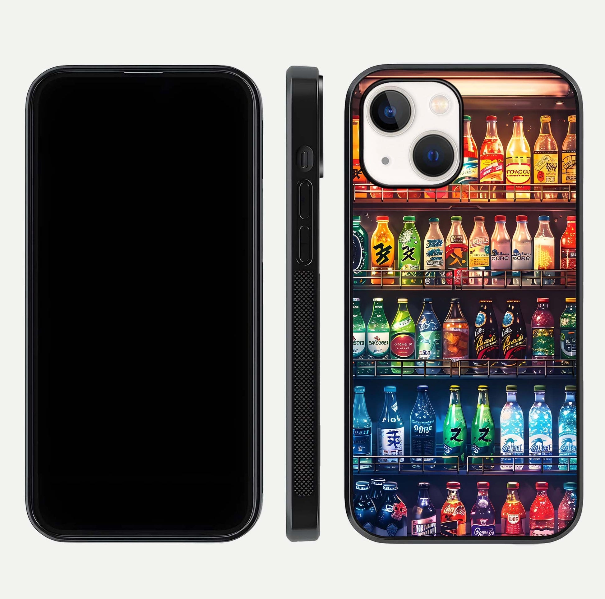 Colorful Soda Bottles Glass Case for iPhone 14 dual-view layout displaying playful tones and gloss clarity