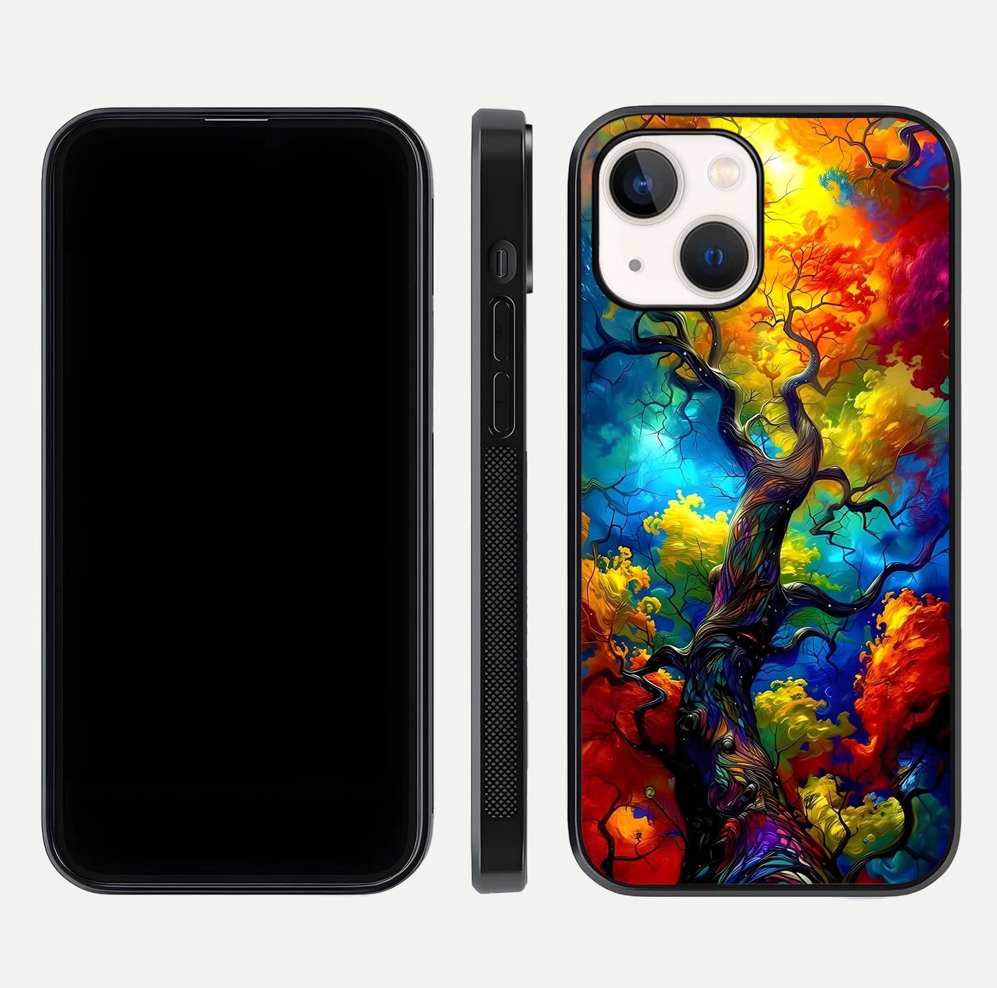 Colorful Tree Glass Case for iPhone 14 dual-view layout displaying balanced tones and smooth edges