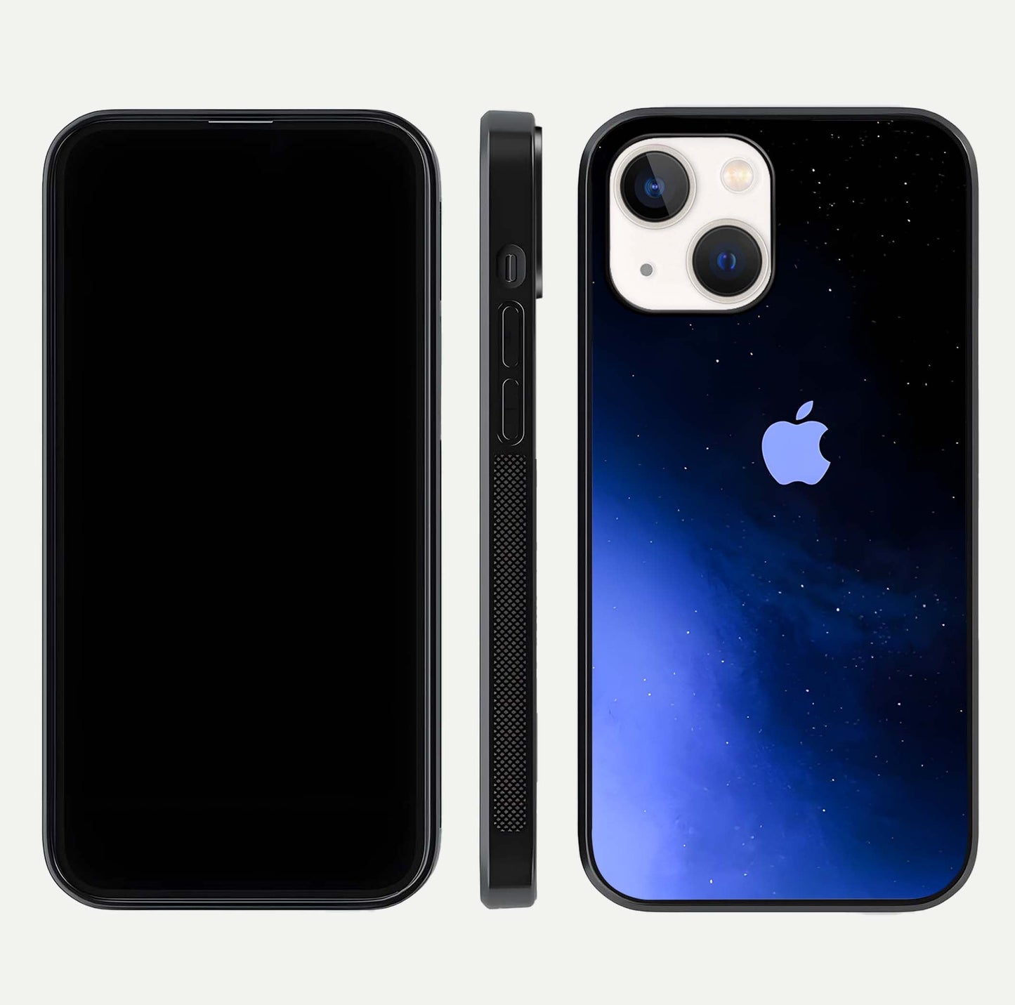 Cosmic Blue Apple Glass Case for iPhone 14 dual-view layout displaying cosmic tones and glass edges
