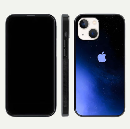 Cosmic Blue Apple Glass Case for iPhone 14 dual-view layout displaying cosmic tones and glass edges