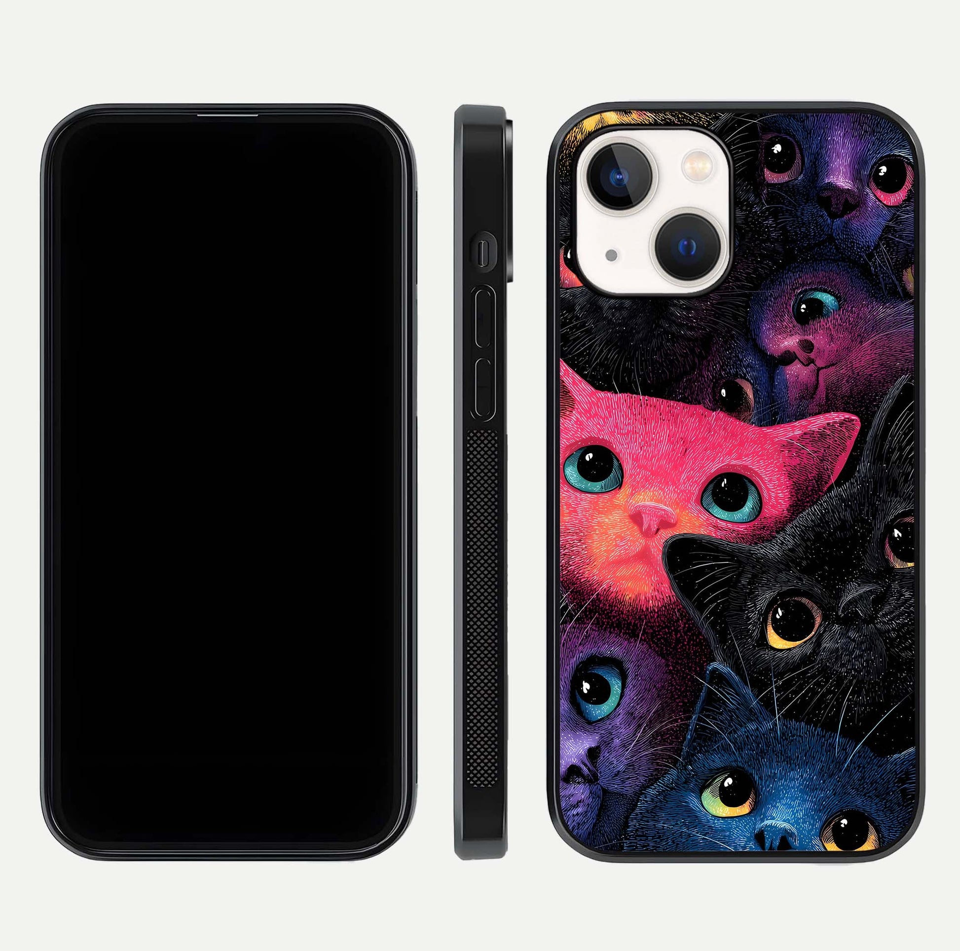 Cosmic Cats Dreams Glass Case for iPhone 14 dual-view layout displaying HD print and glossy shine