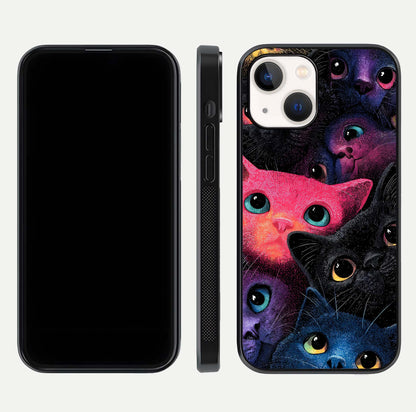 Cosmic Cats Dreams Glass Case for iPhone 14 dual-view layout displaying HD print and glossy shine