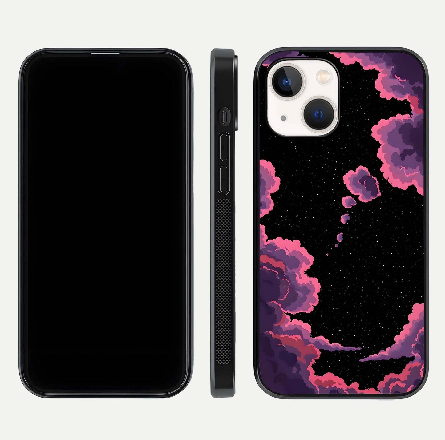 Cosmic Cloud Journey Glass Case for iPhone 14 dual-view layout displaying celestial tones and edge clarity
