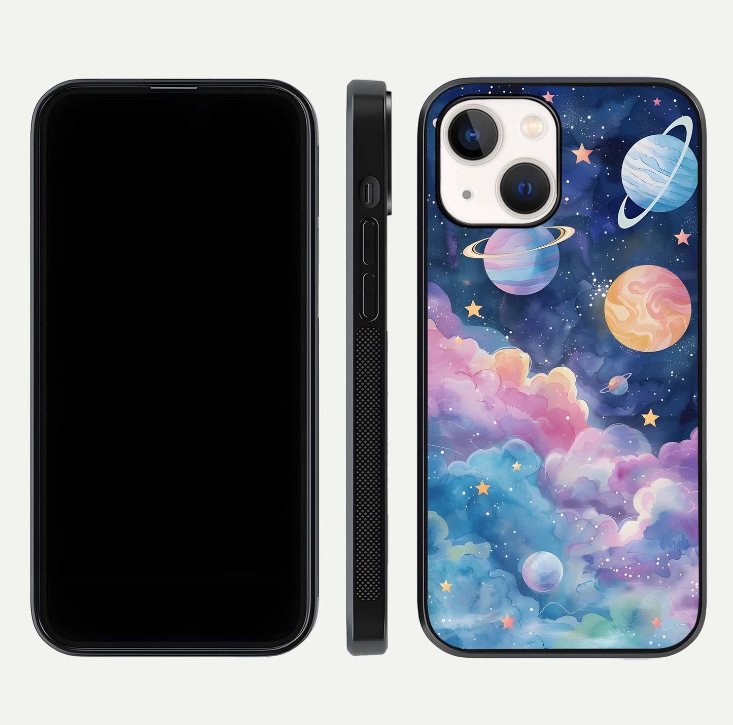 Cosmic Planet Dreams Glass Case for iPhone 14 dual-view layout displaying galaxy colors and curved finish