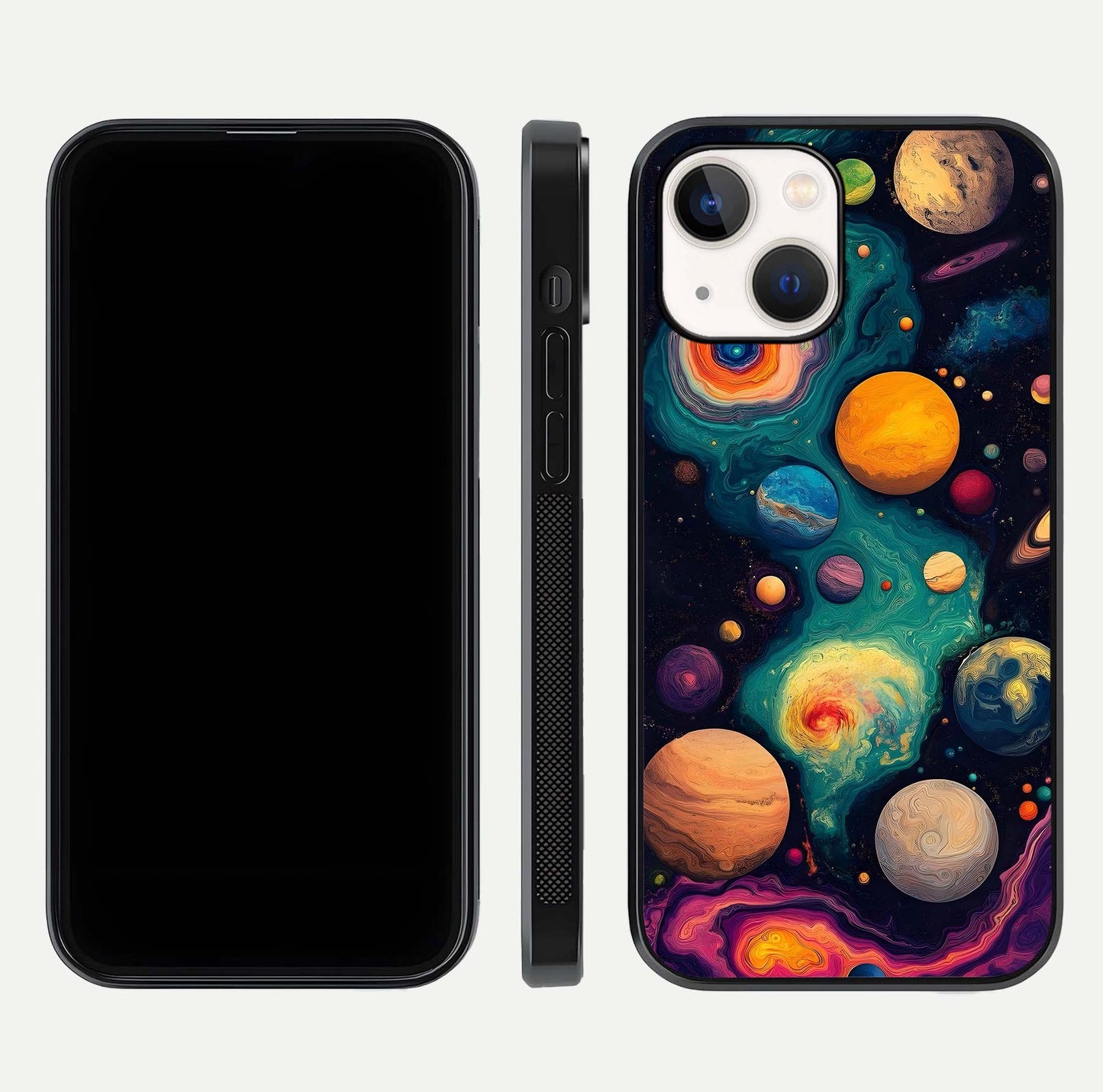 Cosmic Planet Journey Glass Case for iPhone 14 dual-view layout displaying colorful cosmic balance