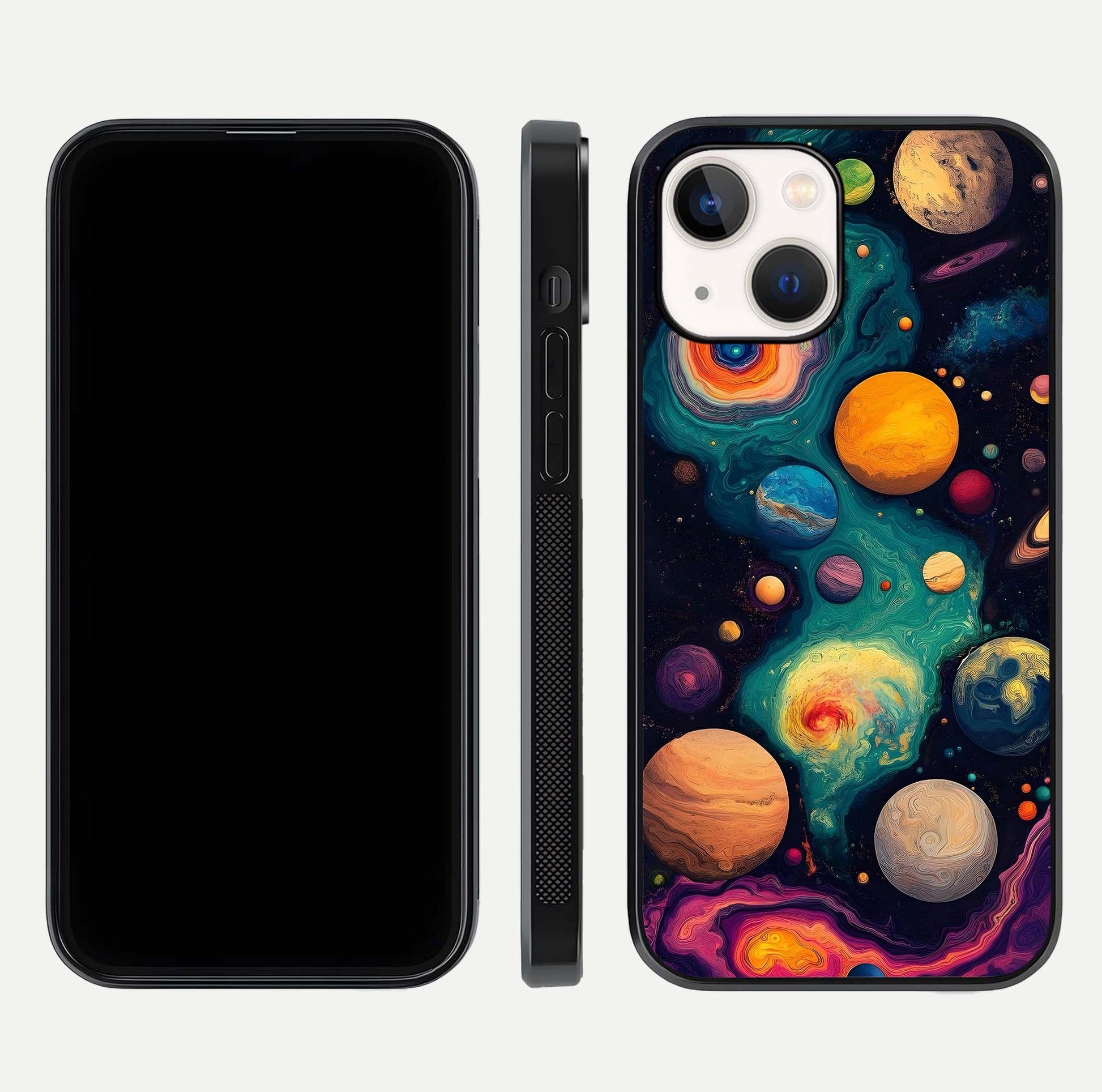 Cosmic Planet Journey Glass Case for iPhone 14 dual-view layout displaying colorful cosmic balance