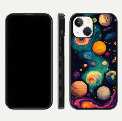 Cosmic Planet Journey Glass Case for iPhone 14 dual-view layout displaying colorful cosmic balance