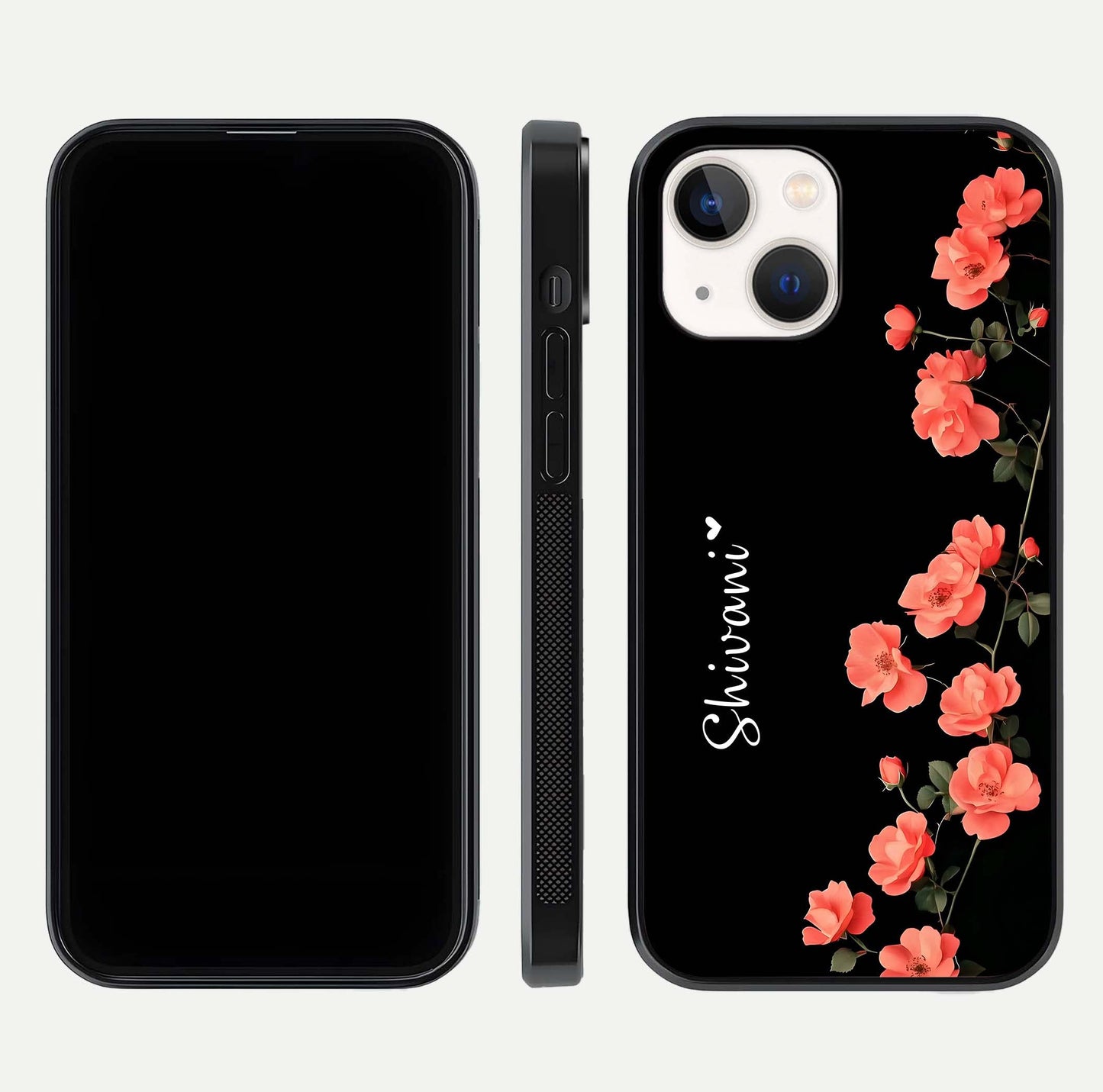 Crimson Bloom Grace Custom Name Glass Case for iPhone 14 dual-view layout displaying custom text and smooth curved edges