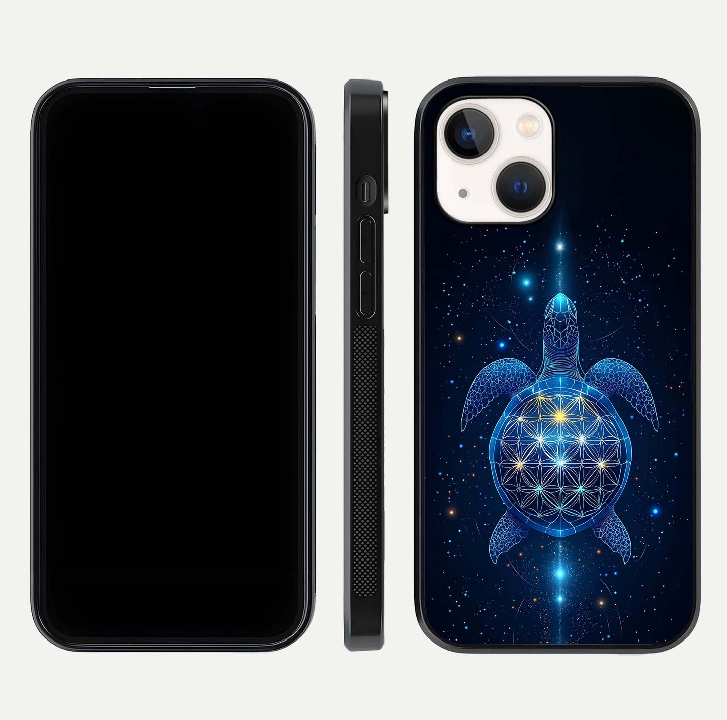 Crimson Blue Turtle Glass Case for iPhone 14 dual-view layout displaying ocean tones and HD finish
